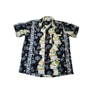 Stitch Hawaiian Shirt Black Palm Trees Floral Men's L